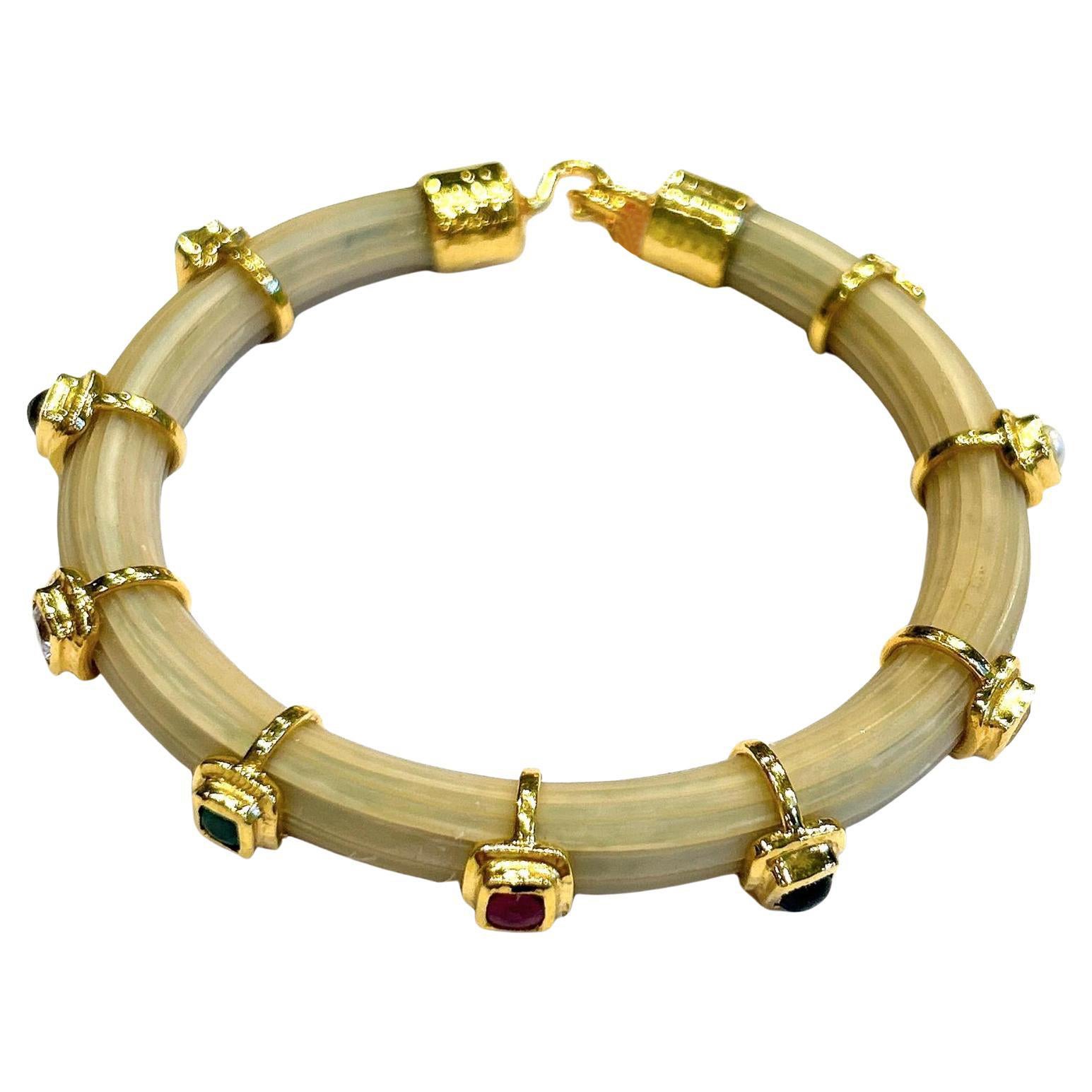 Bochic “Capri” Ruby & Multi Color Sapphire Bangle Set In 18K Gold & Silver