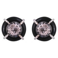 Set in 18K Gold, 8.38 carats, Morganite, Black Onyx & Diamonds Stud Earrings