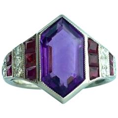 Retro Art Deco Amethyst Ruby Diamond Platinum Ring
