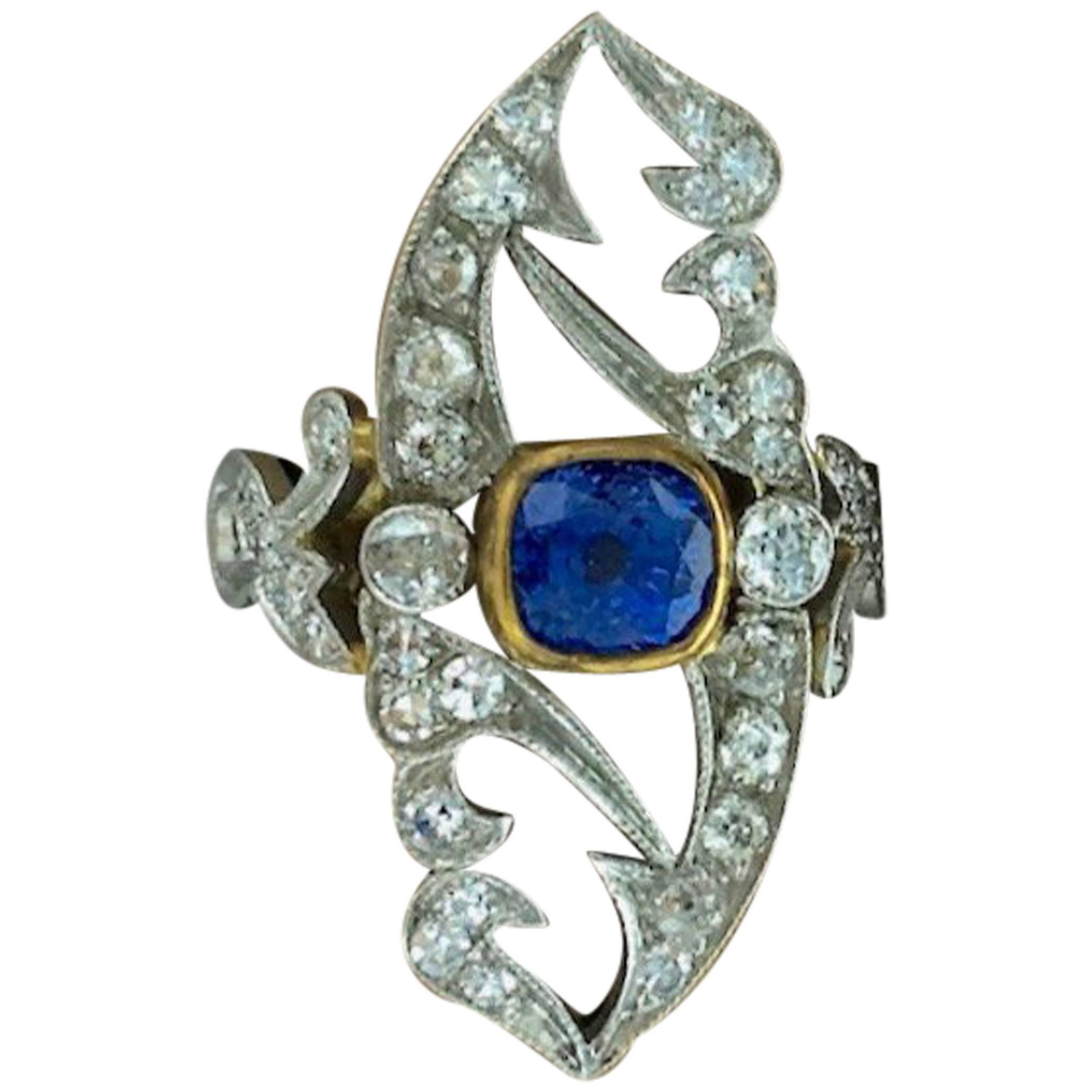 Art Nouveau Sapphire Diamond Gold Platinum Ring