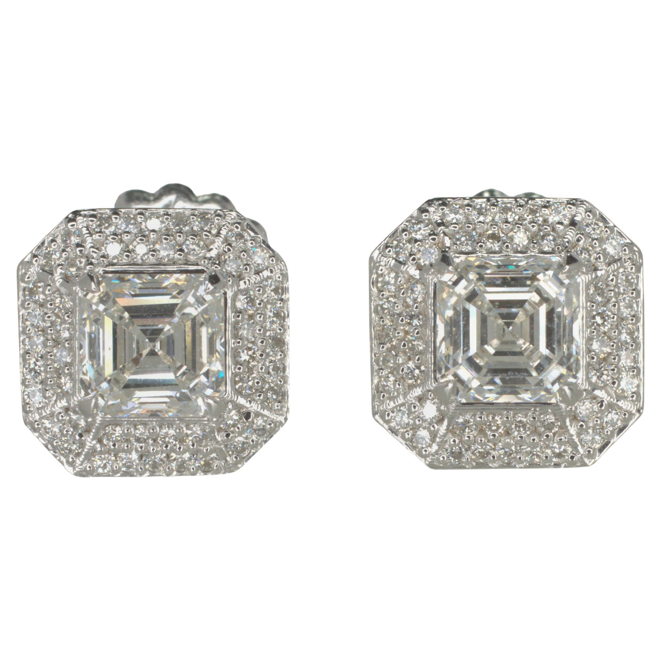 GIA Certified 2 Carat Asscher Diamond Double Halo 14K White Gold Stud Earrings