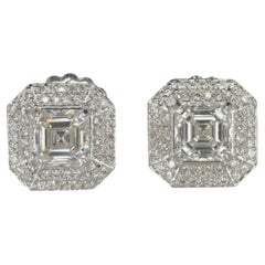 GIA Certified 2 Carat Asscher Diamond Double Halo 14K White Gold Stud Earrings