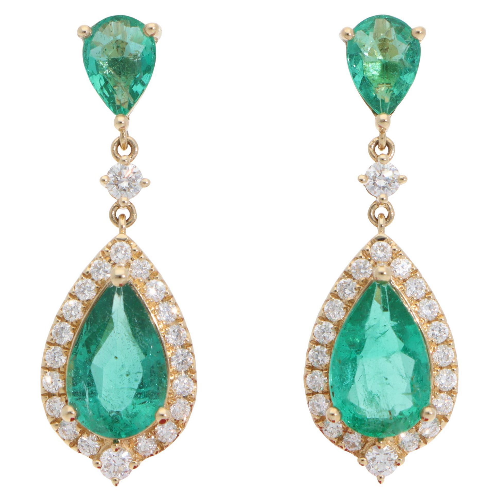 Contemporary Emerald and Diamond Drop Earrings in Yellow Gold