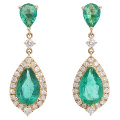 Contemporary Emerald and Diamond Drop Earrings in Yellow Gold