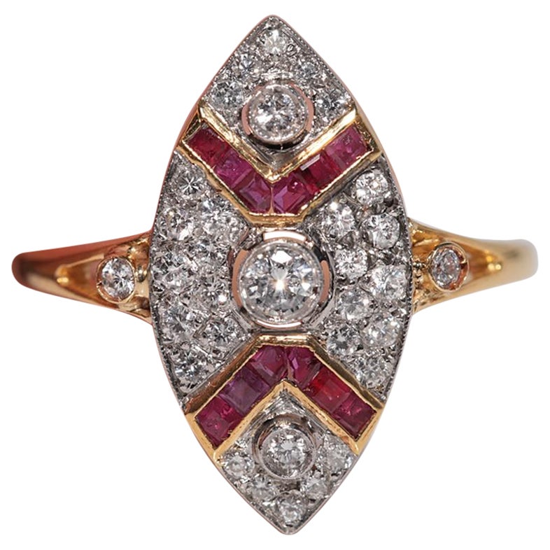 Vintage Circa 1980s 18k Gold Natural Diamond And Caliber Ruby Navette Ring