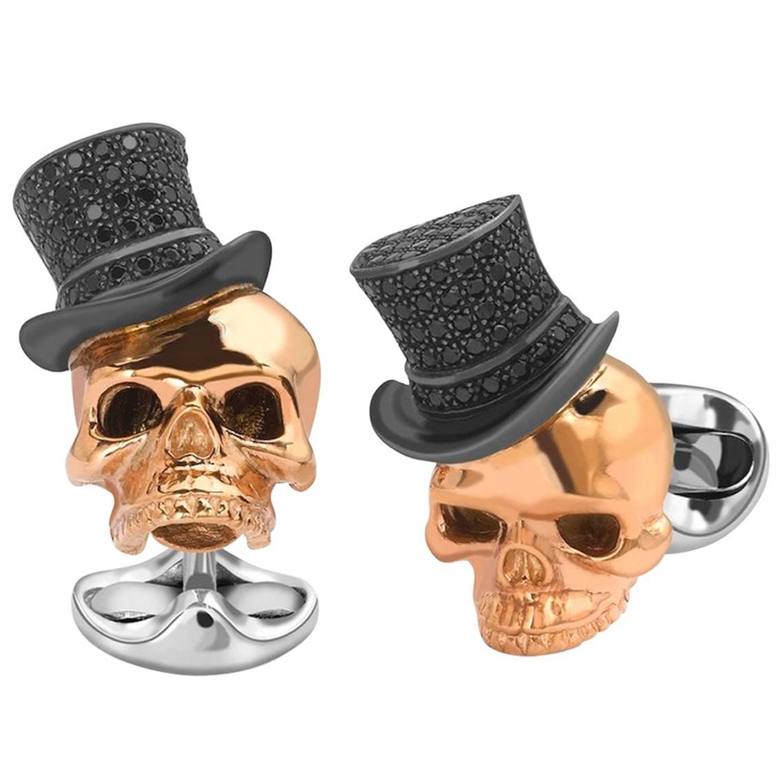 Deakin & Francis Rose Gold Plated Skull Black Spinel Top Hat Cufflinks