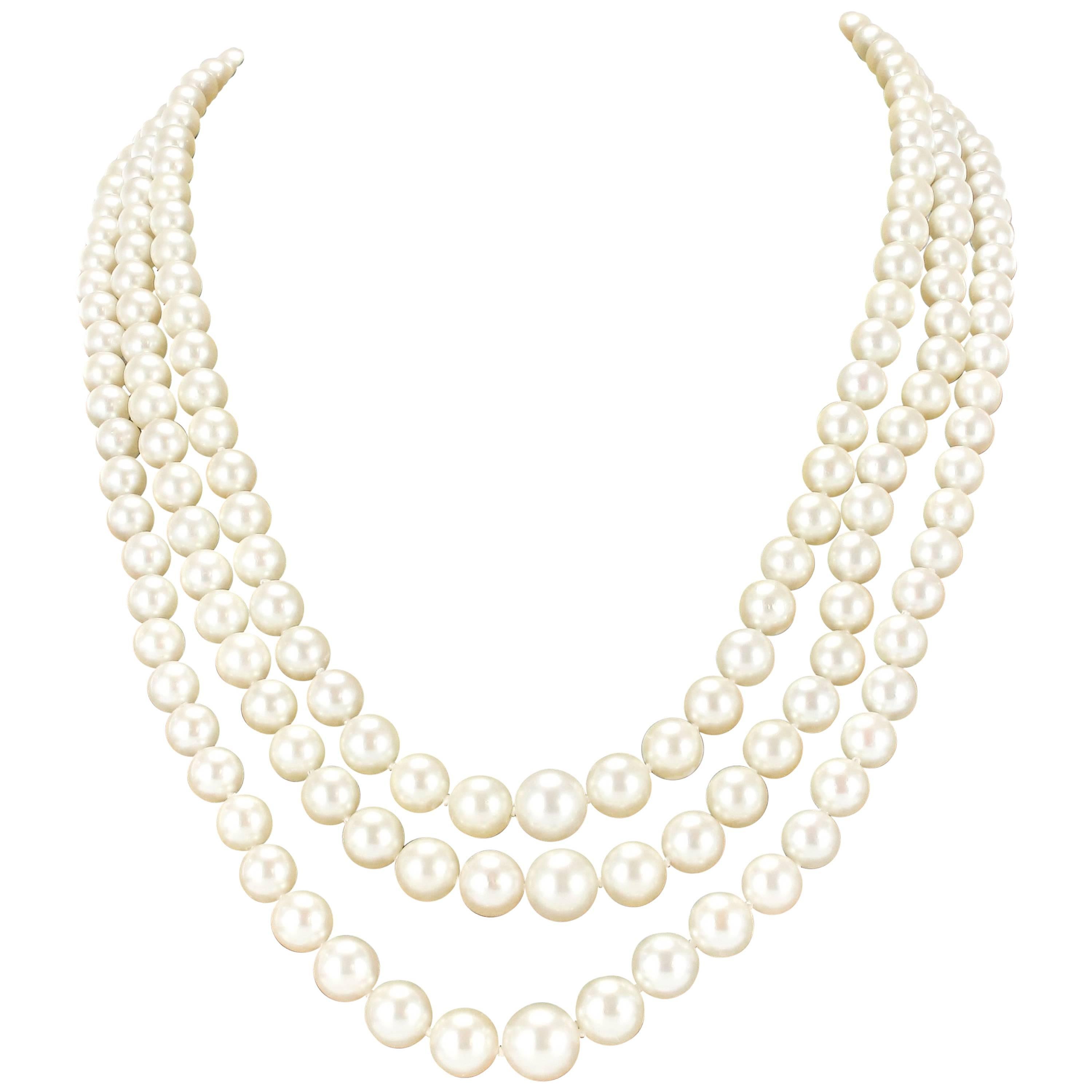 French Three-Strand Japanese Cultured Round White Pearl Necklace