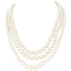 French Three-Strand Japanese Cultured Round White Pearl Necklace 12