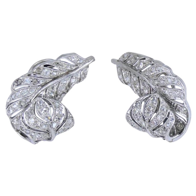 Art Deco Leaf Shaped Earrings Diamond Platinum Estate Jewelry
