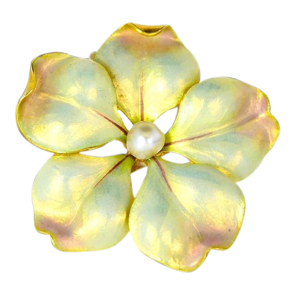 Antique Gold Iridescent  Enamel Flower & Nat. Pearl Art Nouveau Brooch, c. 1895