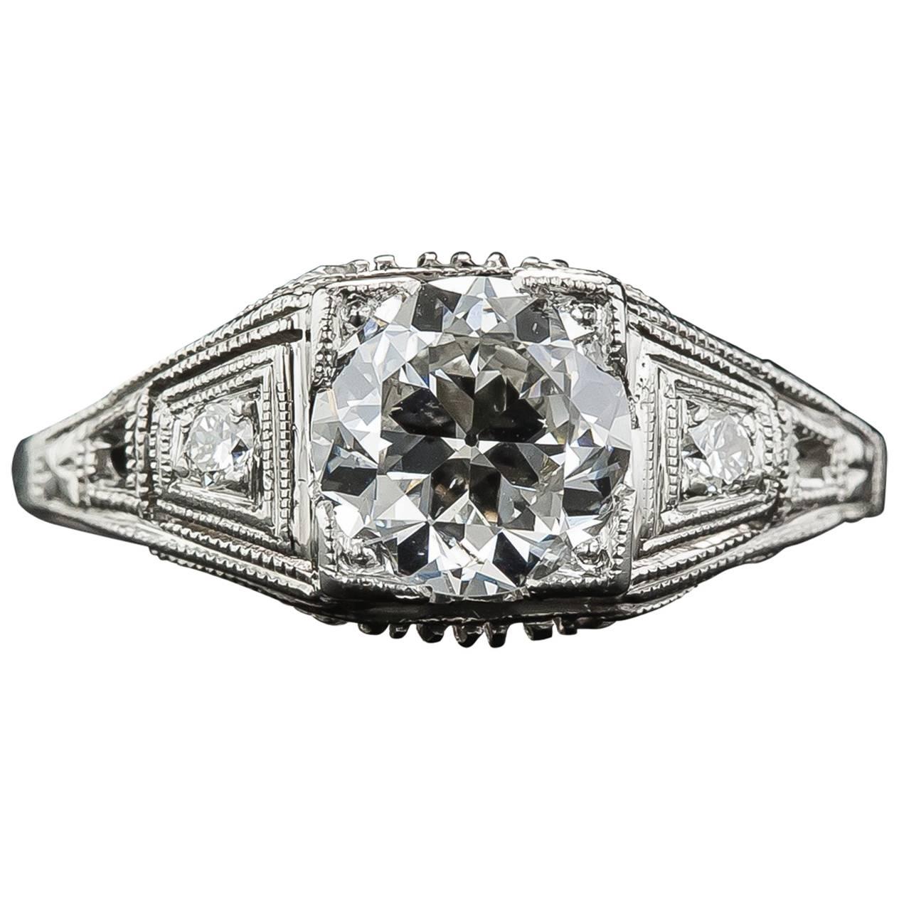 Art Deco 1.24 Carat Diamond Engagement Ring Certified by Katz & Ogush For Sale