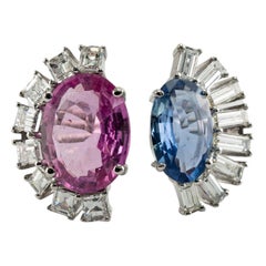 Blue Pink Sapphire Diamond Ring 18K White Gold Half Moon Setting