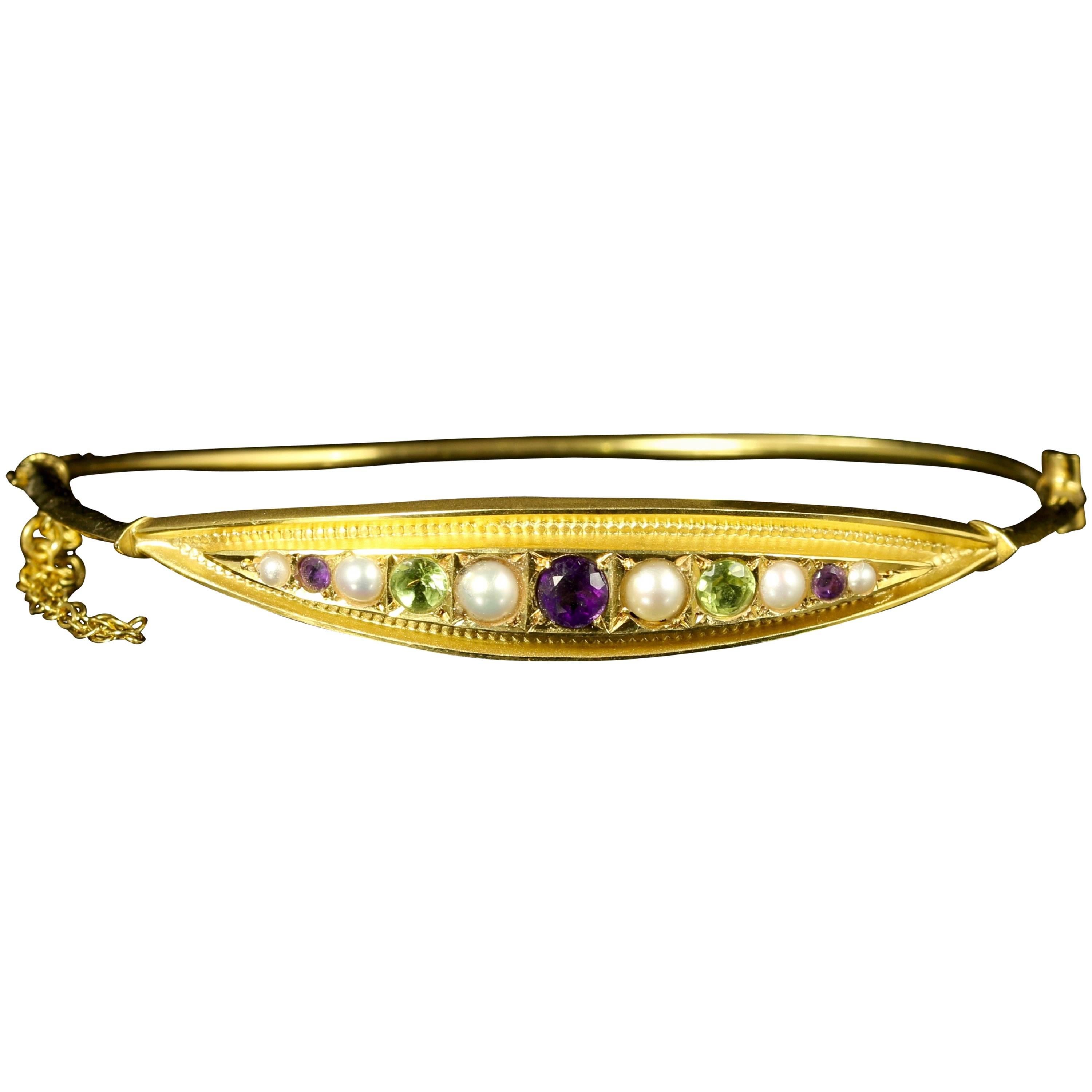 Antique Edwardian Amethyst Pearl Peridot Gold Suffragette Bangle Dated 1914 For Sale