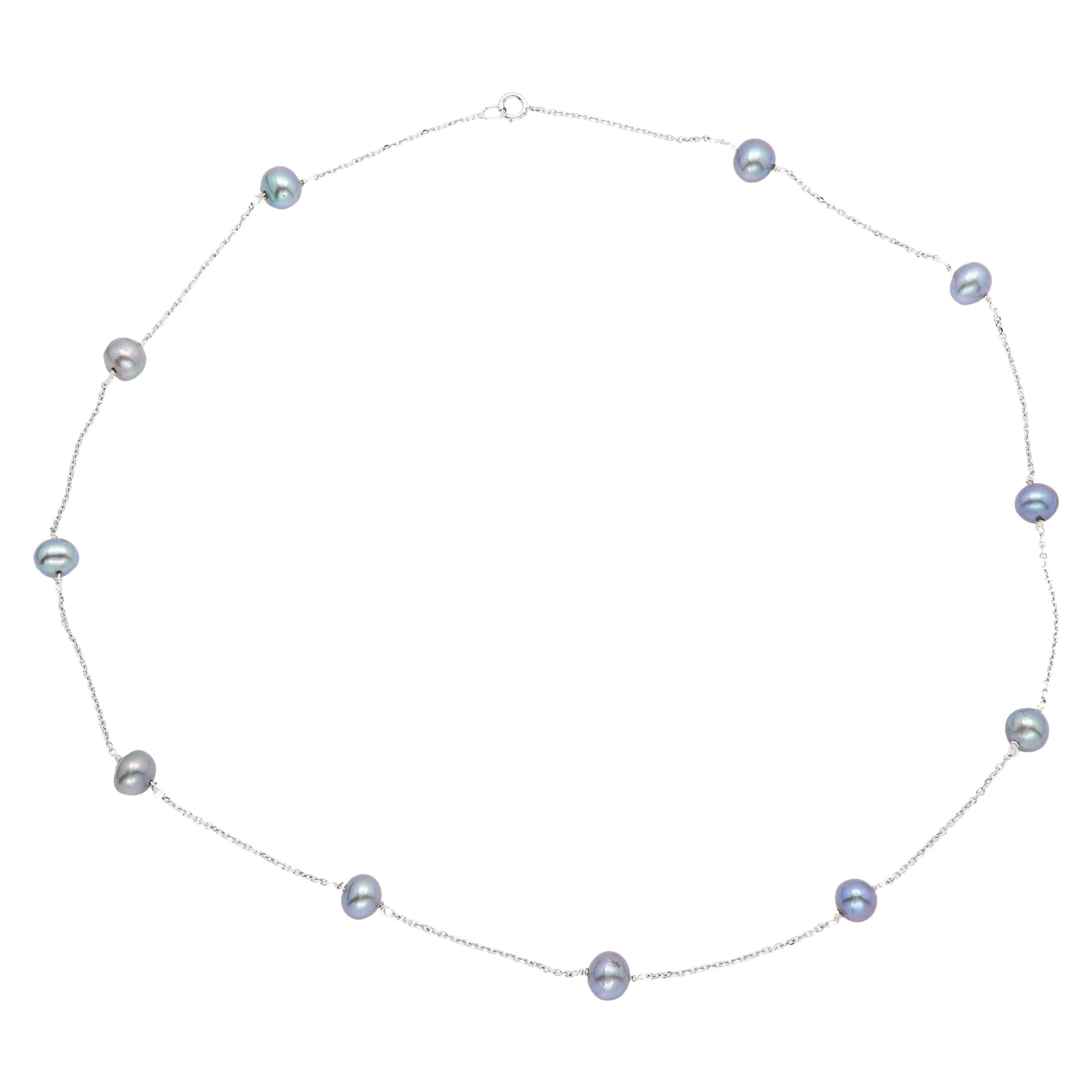Grey Pearls Wired Necklace 14 Karat White Gold Pearl Chain Necklace
