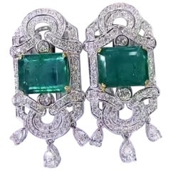 AIG Certified 18.00 Carats Zambian Emeralds 3.20 Ct Diamonds 18K Gold Earrings