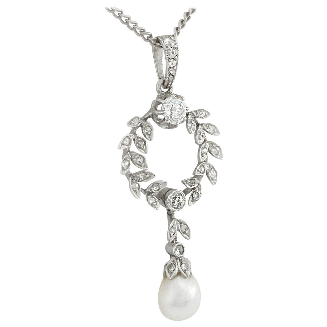 Belle Époque Pearl Diamond Platinum Necklace   For Sale