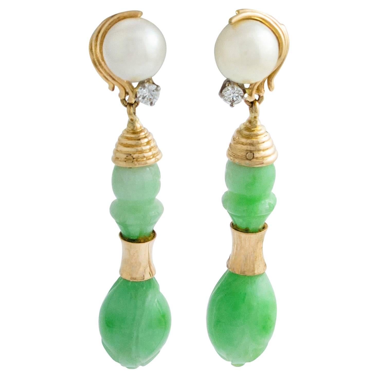 Carved Jade and Pearl Drop Earrings with diamonds in yellow gold