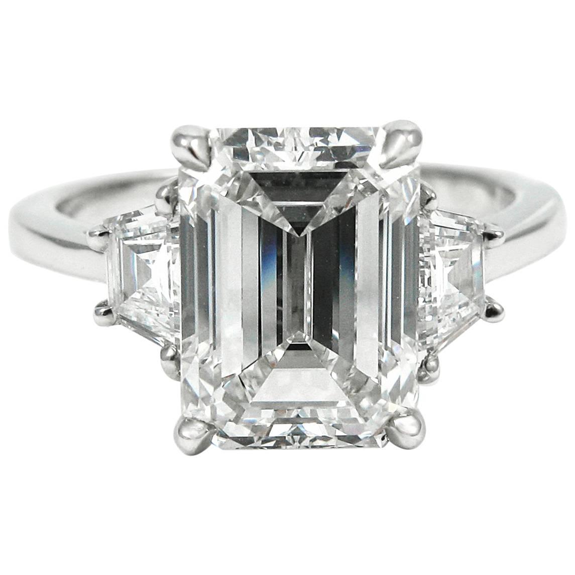 3.21 Carat GIA Emerald Cut Diamond Platinum Three-Stone Ring