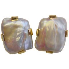 Michael Kneebone Tile Pearl Gold Button Earrings