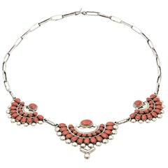 Native American Coral Sterling Silver Fan Necklace