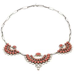 Native American Coral Sterling Silver Fan Necklace 11