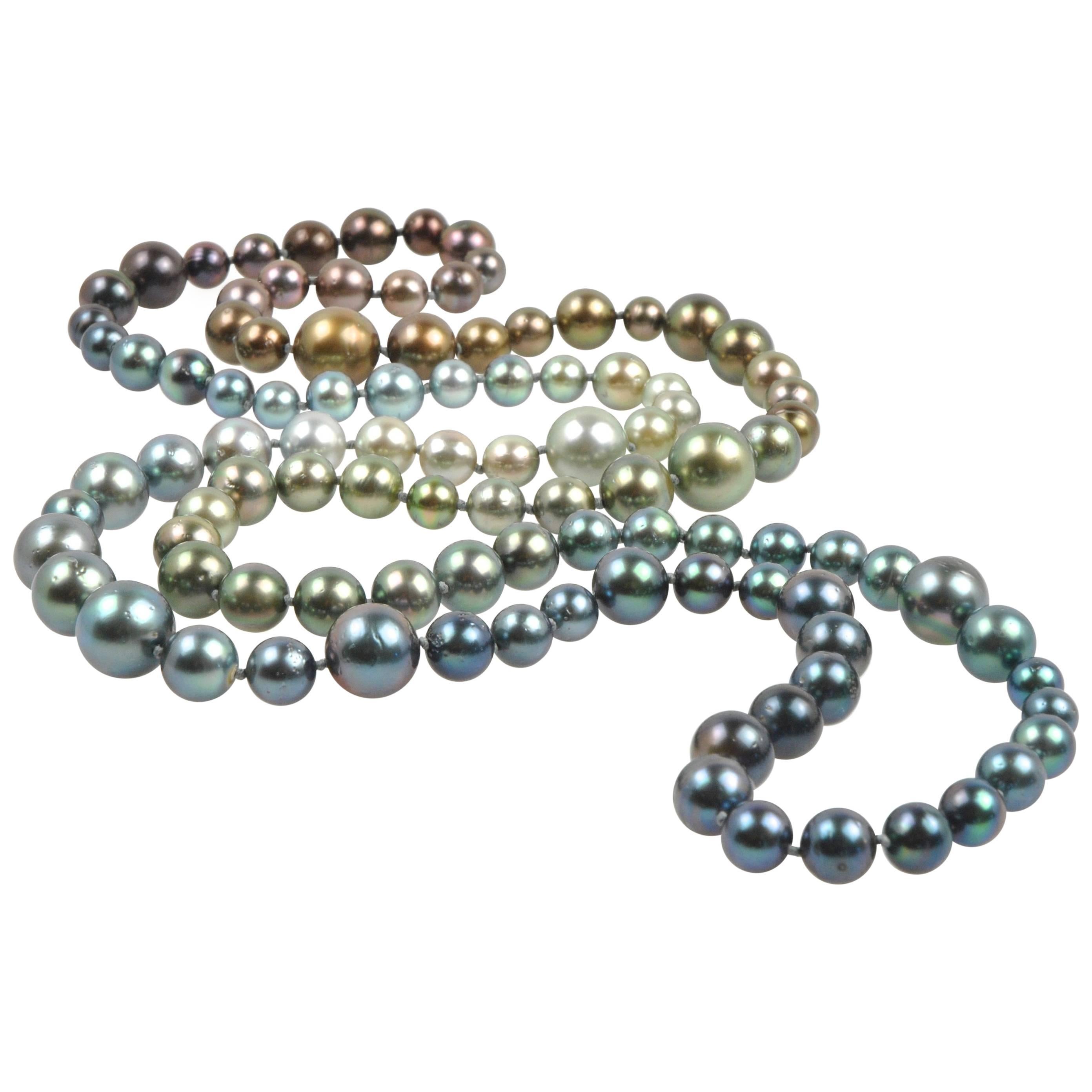 Long Tahitian South Sea Rainbow Pearl Necklace in Every Natural Color
