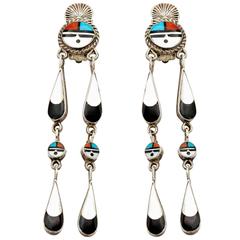 Turquoise Coral Mother-of-Pearl Clip on Zuni Sun God Silver Earrings