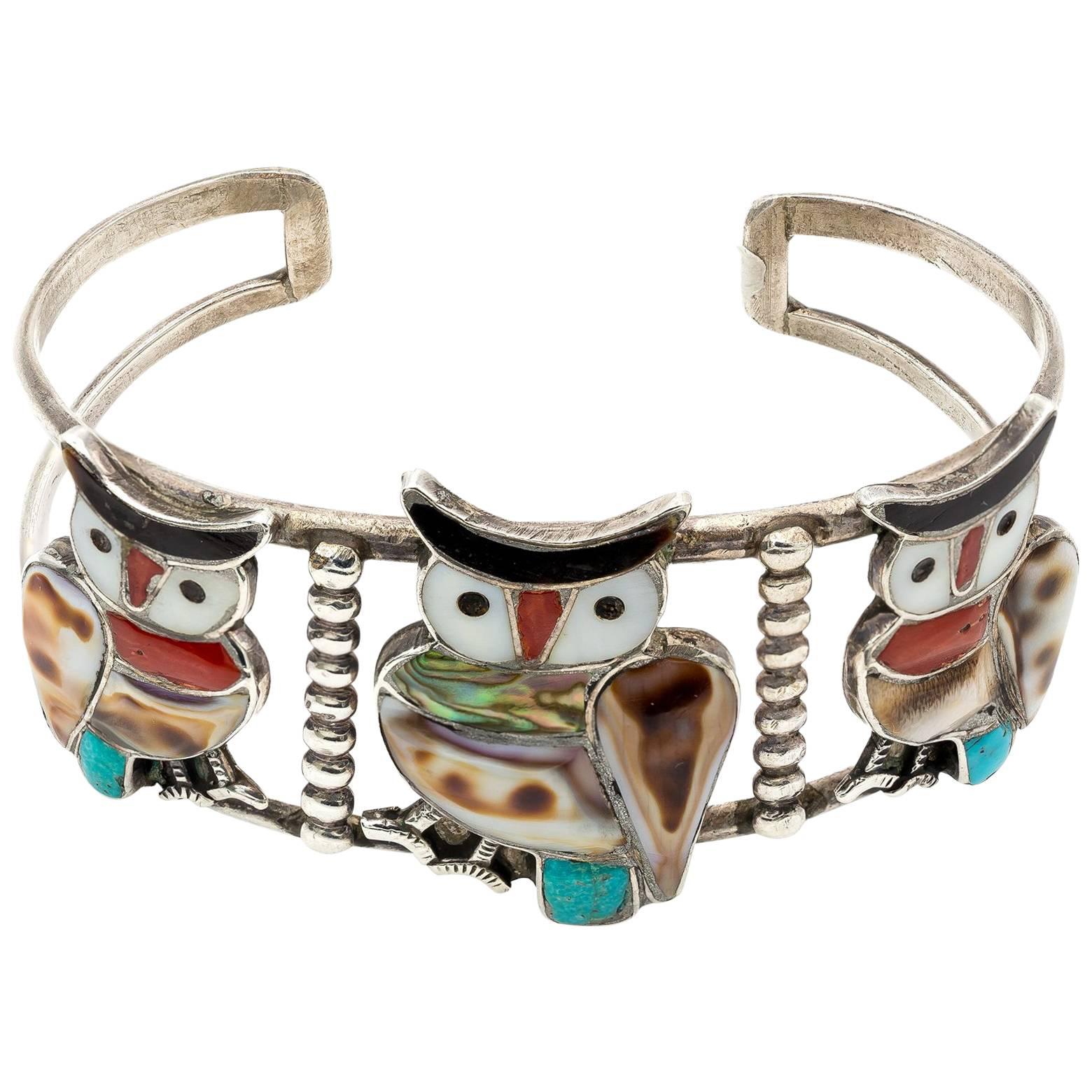 Sterling Silver Turquoise Shell Zuni Owl Cuff Bracelet