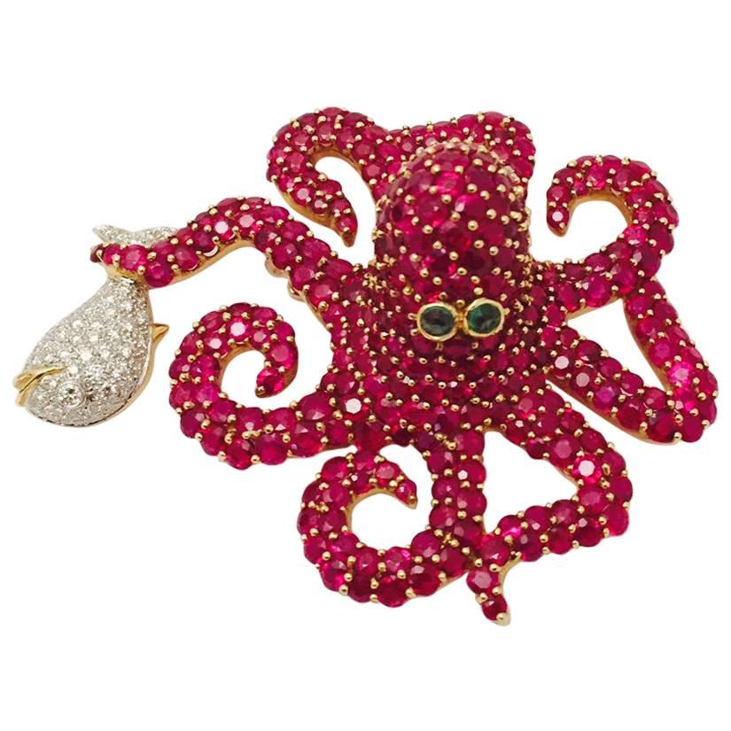  Marvin Katz Outrageous Octopus Ruby Diamond Brooch 