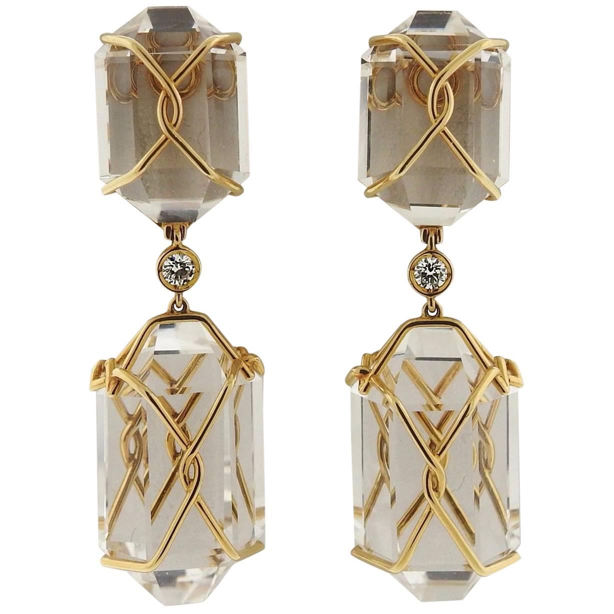 Verdura Herkimer Rock Crystal Diamond Gold Drop Earrings