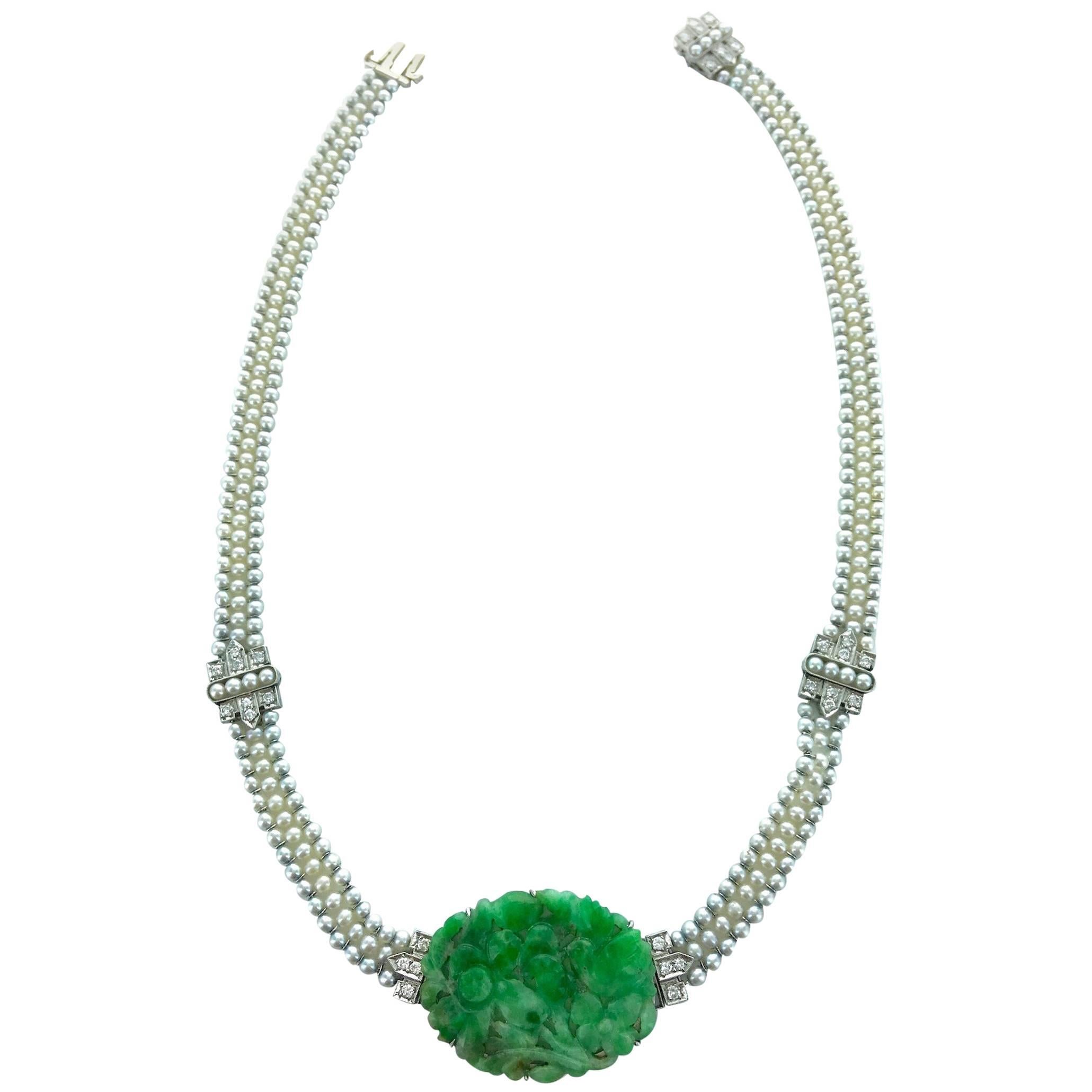 1920s Art Deco Jade Nephrite Pearl Diamond Platinum Necklace