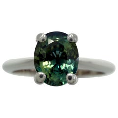 Zafiro verde azul vivo natural de 0,80 ct Anillo solitario de platino de talla ovalada