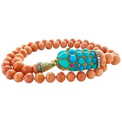 Late 19th Century Antique Coral Turquoise Diamond Ruby Ourobos Snake Necklace 5