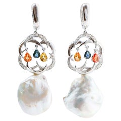Baroque Pearls, Multicolor Sapphires, Diamonds, 18 Kt White Gold Dangle Earrings