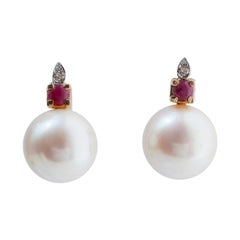 13 Mm White Pearls, Rubies, Diamonds, 14 Karat Rose Gold Earrings.