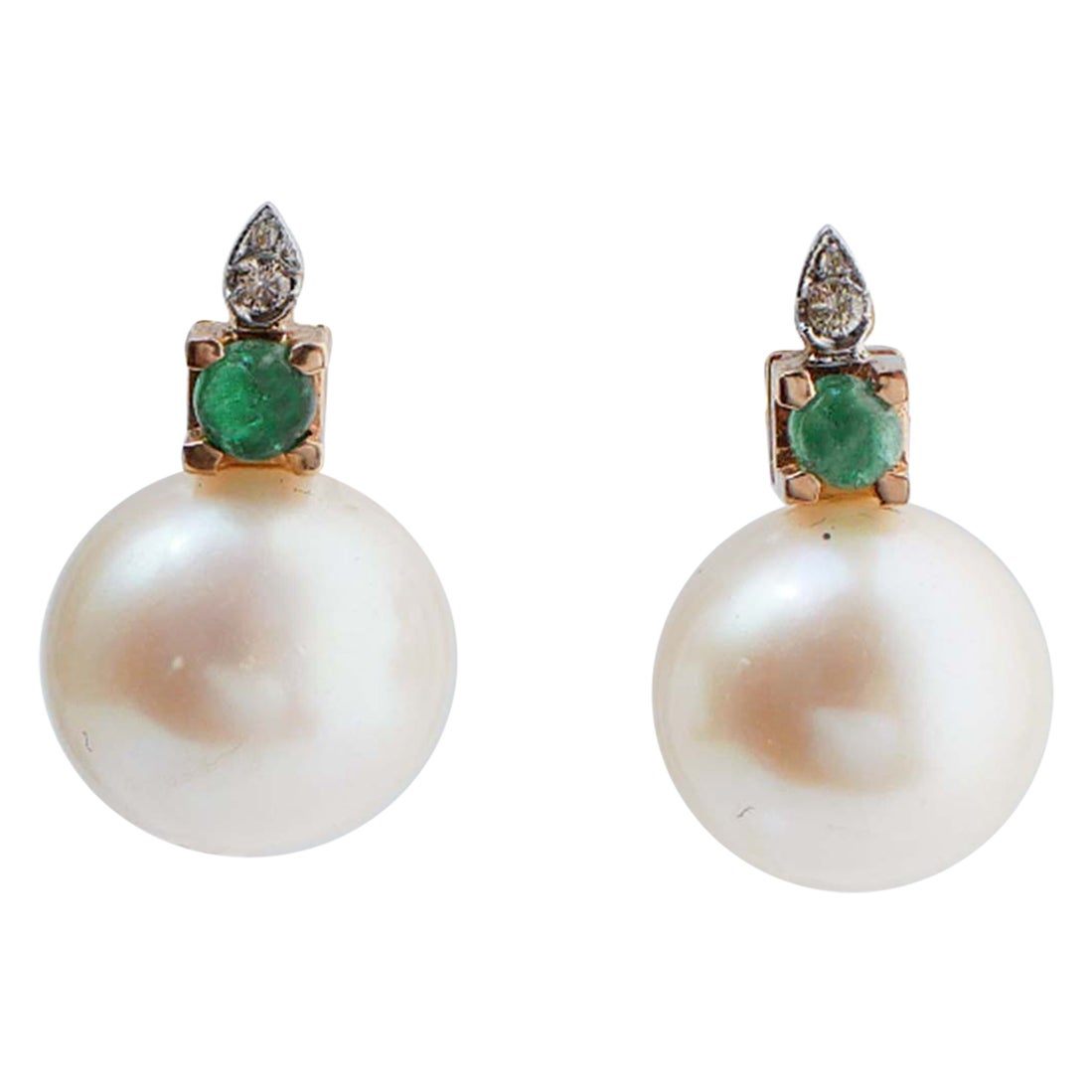 13 Mm Pearls, Diamonds, Emeralds, 14 Karat Rose Gold Earrings