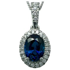 Fine 1.30ct Natural Royal Blue Sapphire Diamond Platinum Halo Pendant Necklace