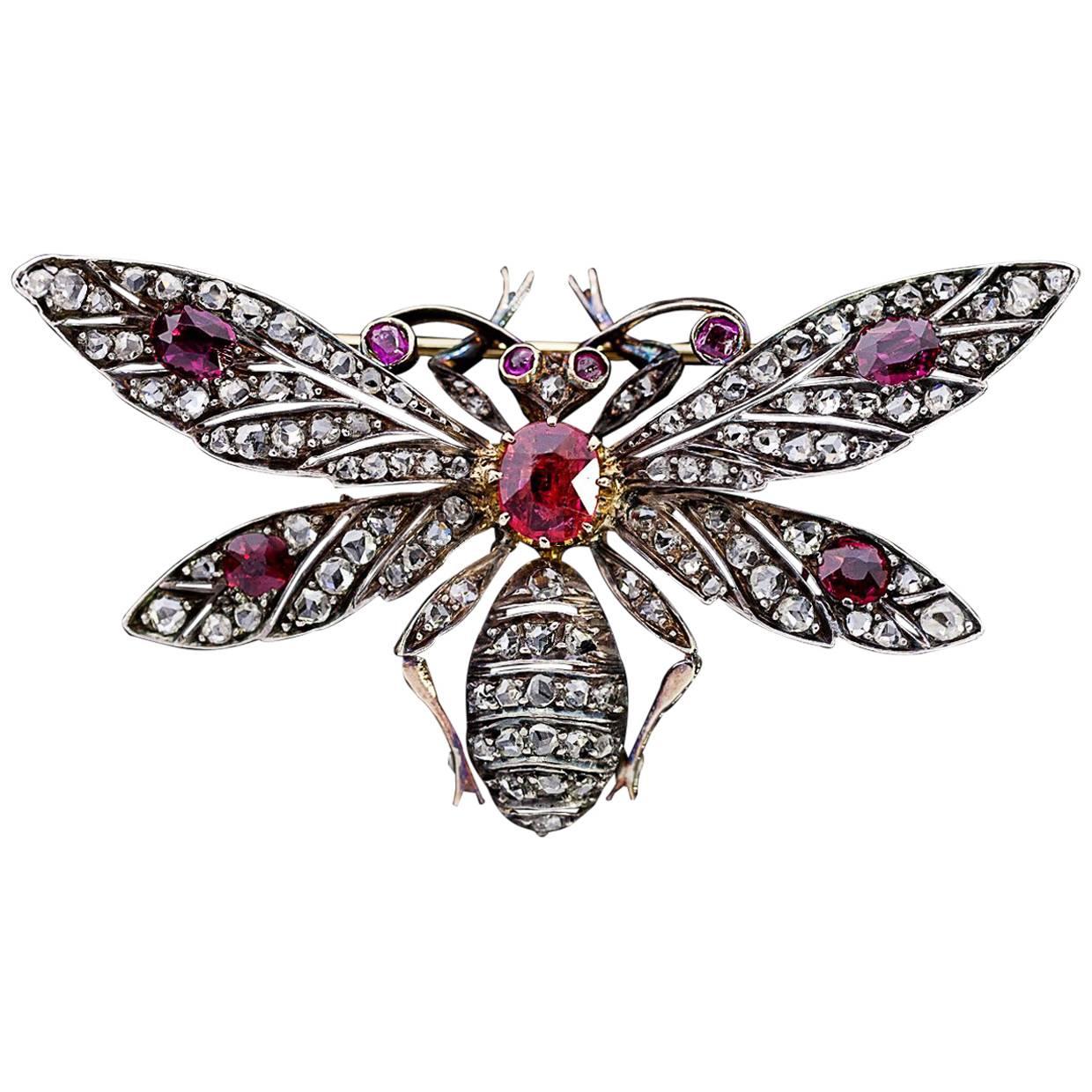 Antique Ruby and Old Mine Cut Diamond Handcrafted Bee Brooch Pin For Sale