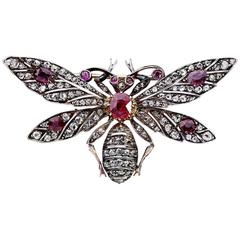 Antique Ruby and Old Mine Cut Diamond Handcrafted Bee Brooch Pin