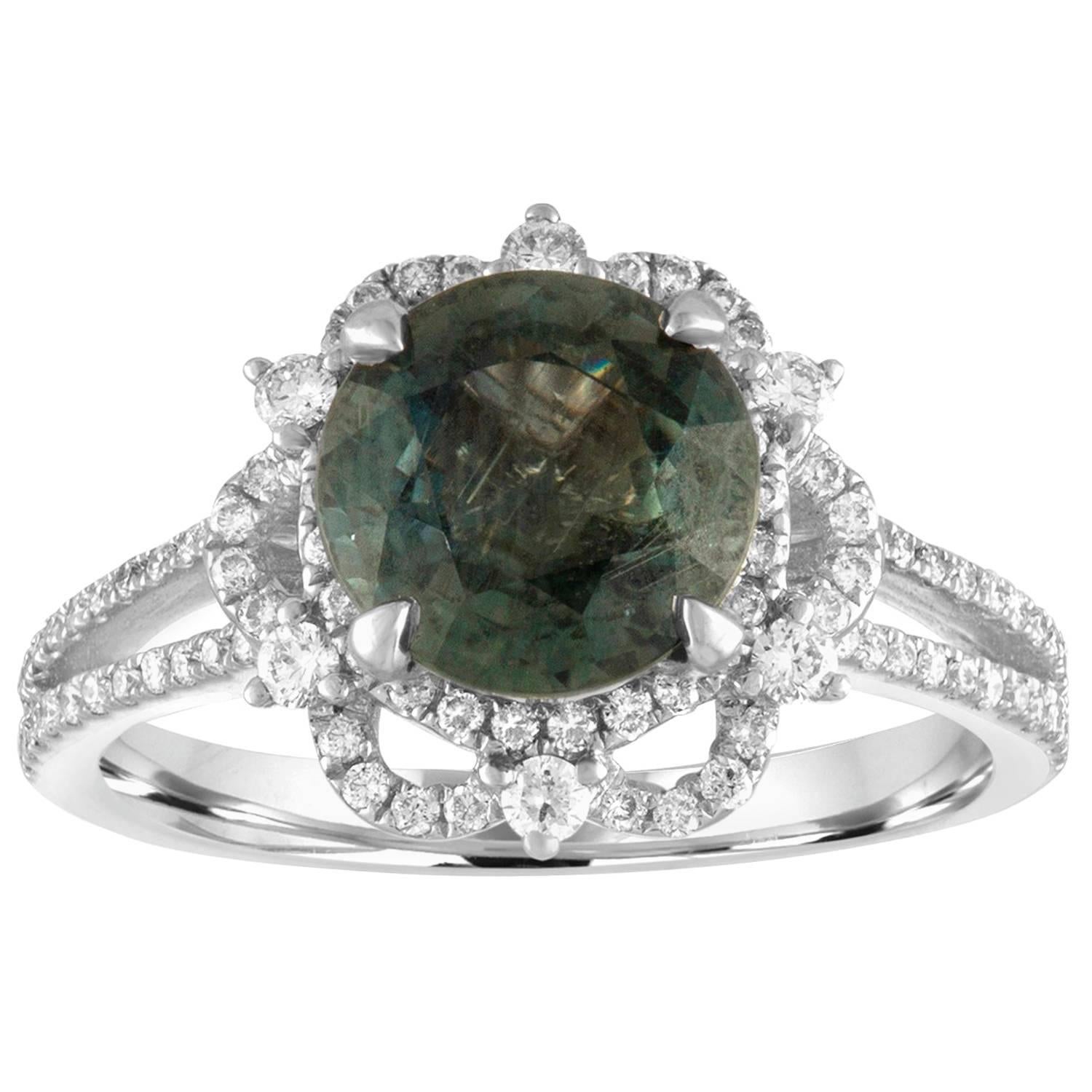 Certified No Heat 3.08 Carat Bluish Green Sapphire Diamond Gold Ring