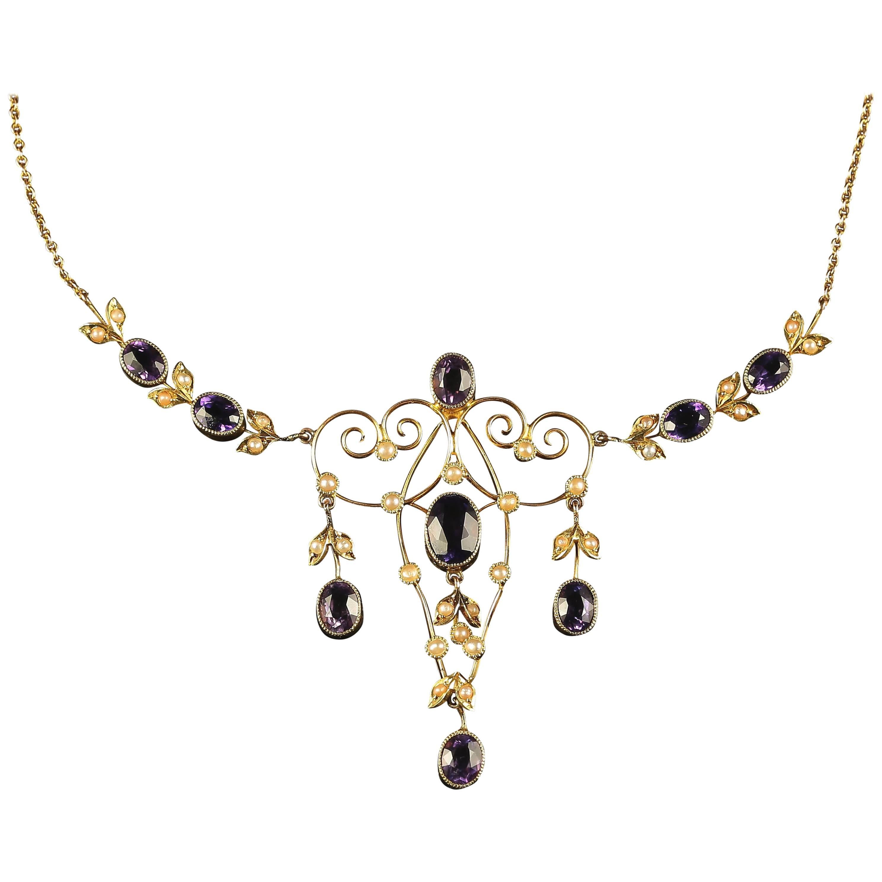 Antique Edwardian Amethyst Pearl Gold Garland Necklace 