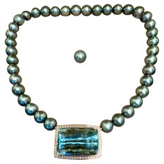 Cultured Tahitian Pearl Necklace with Aquamarine Diamond Clasp