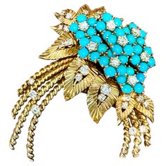 Broche vintage 1950 oro amarillo Diamantes Turquesa