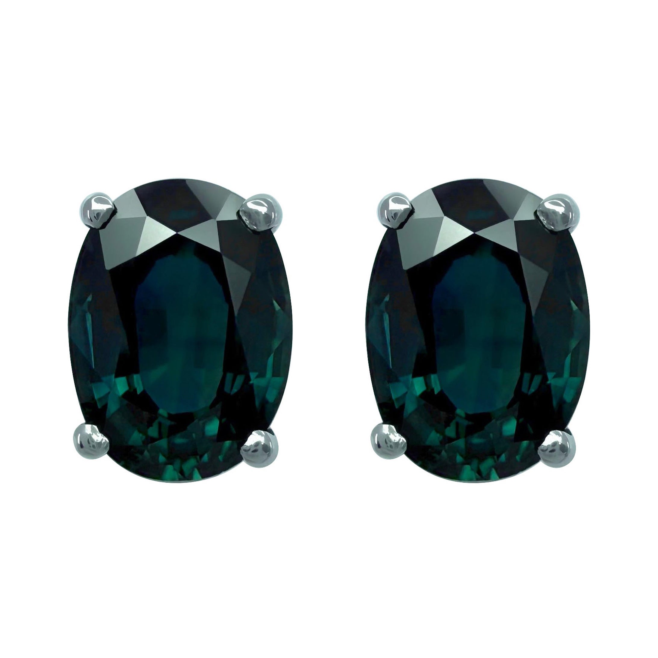 3.55ct Green Blue Teal Sapphire Oval Cut 18k White Gold Solitaire Earring Studs