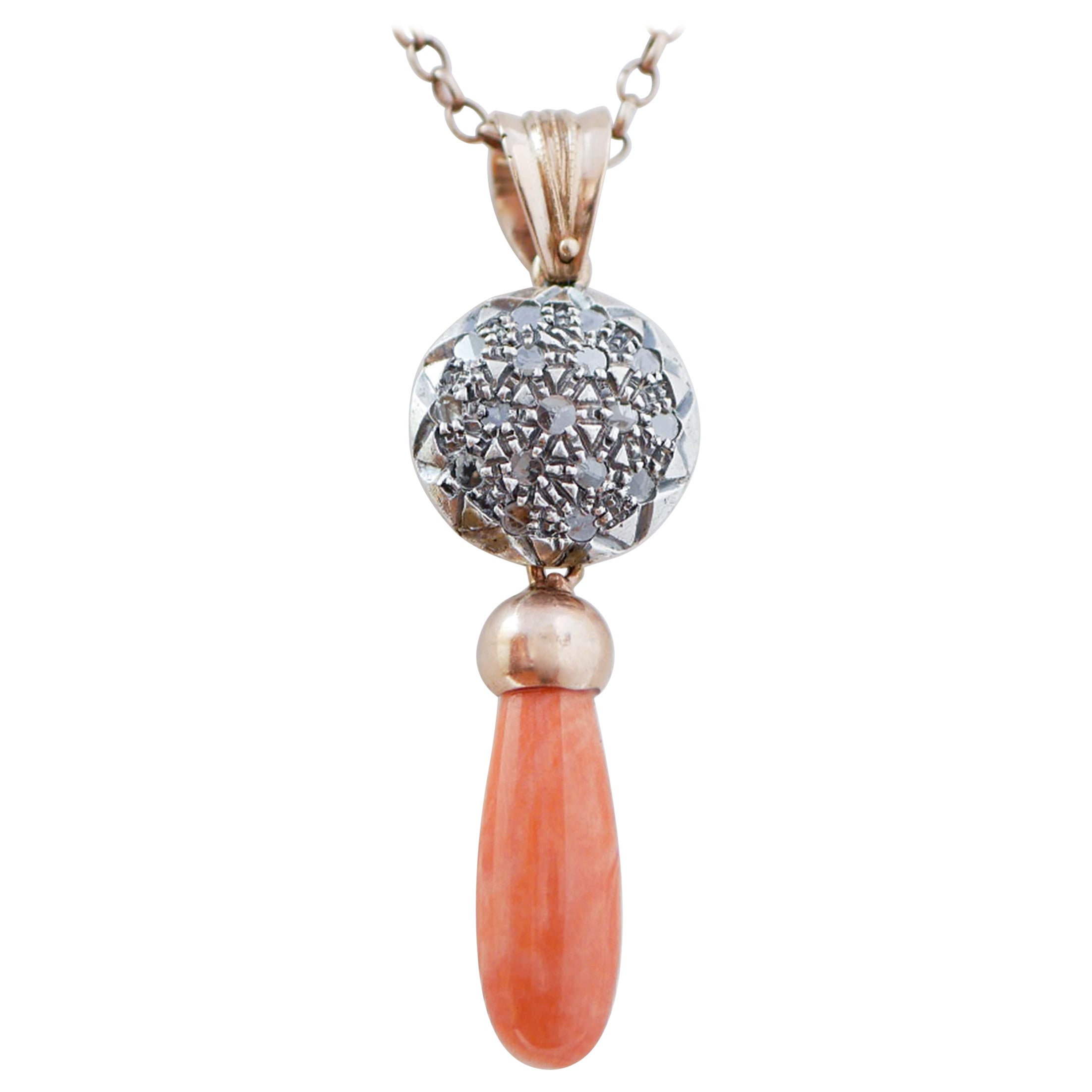 Coral, Diamonds, 14 Karat Rose Gold and Silver Pendant.