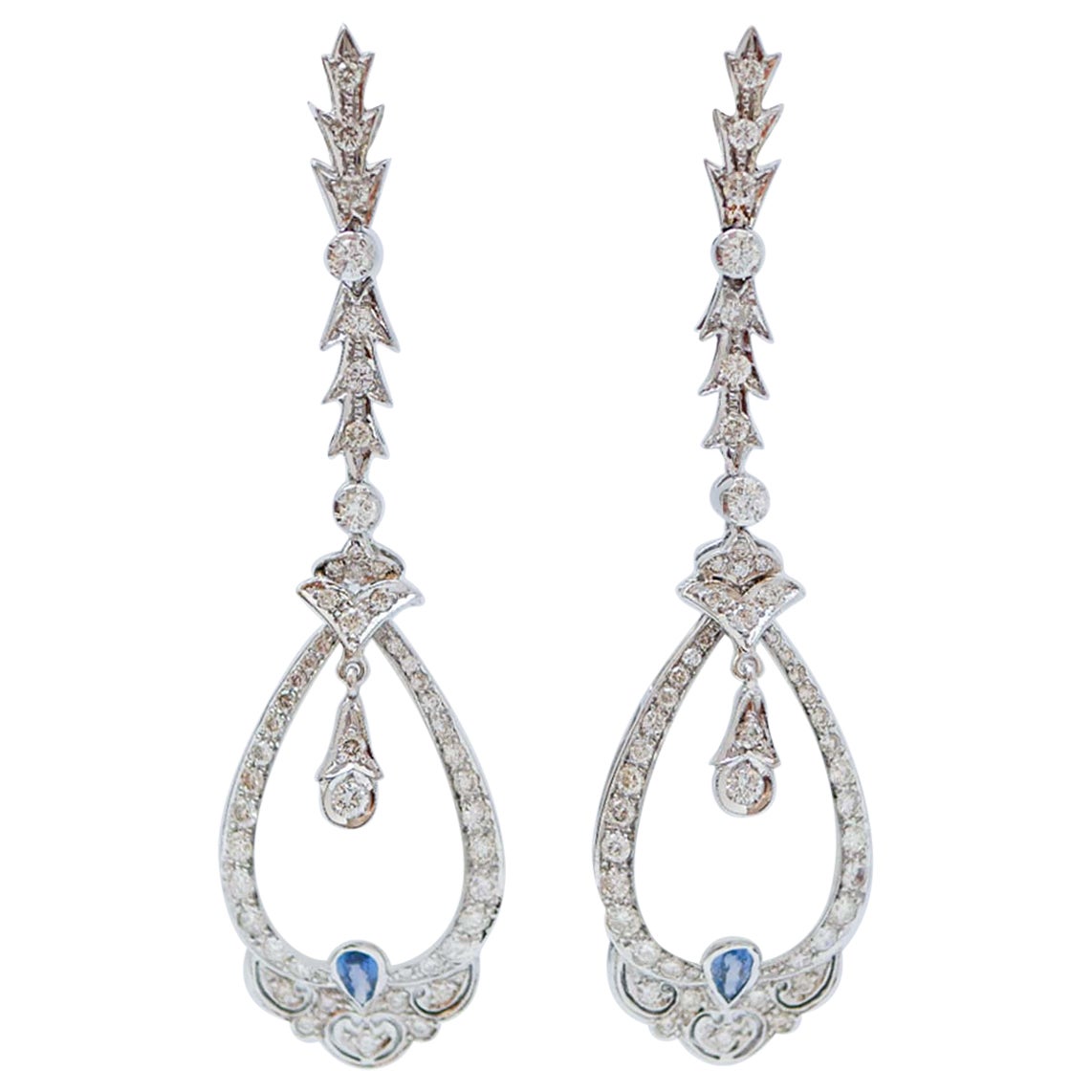 Rock Crystal, Diamonds, Sapphires, 14 Karat White Gold Earrings.