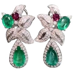 AIG Certified 13.00 Ct Zambian Emeralds 3.40 Ct Diamonds 1.90 Ct Rubies Earrings