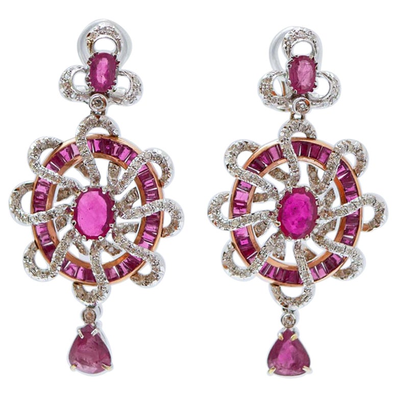 Rubies, Diamonds, 14 Karat White Gold and Rose Gold Earrings.