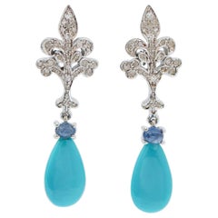 Turquoise, Sapphires, Diamonds, 14 Karat White Gold Earrings.