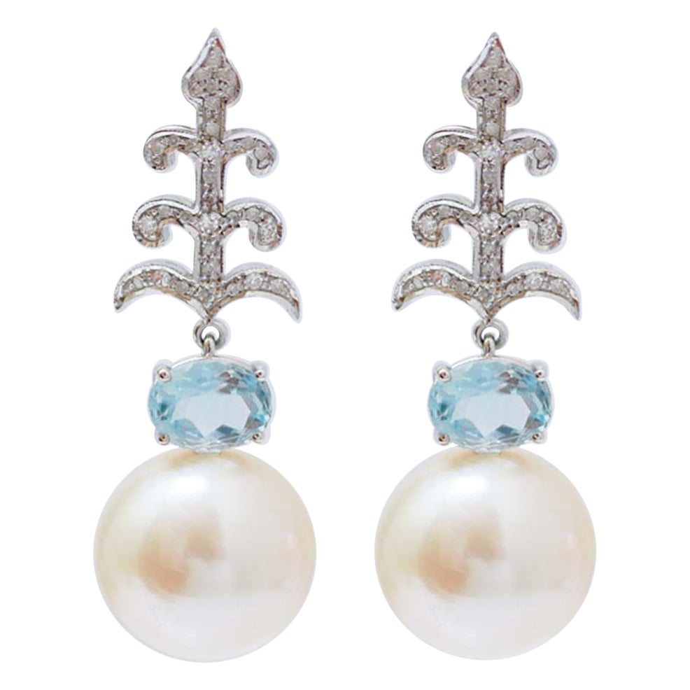 Pendientes de Perlas de 14,5 Mm, Topacio Color Aguamarina, Diamantes, Oro Blanco de 14 Kt.